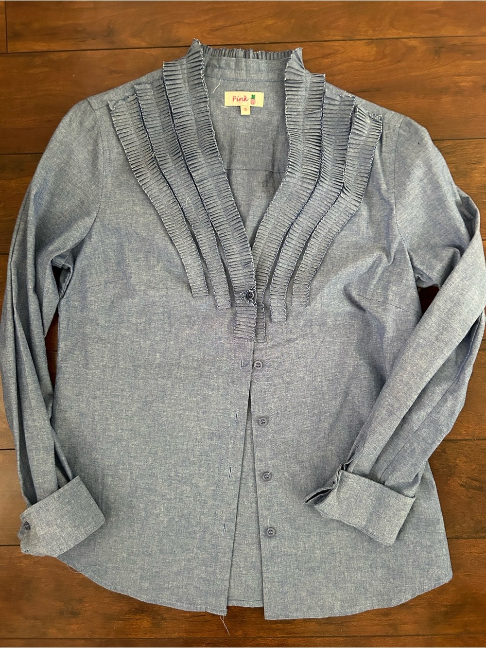Blue Chambray Ruffled Collar Button-Front Blouse